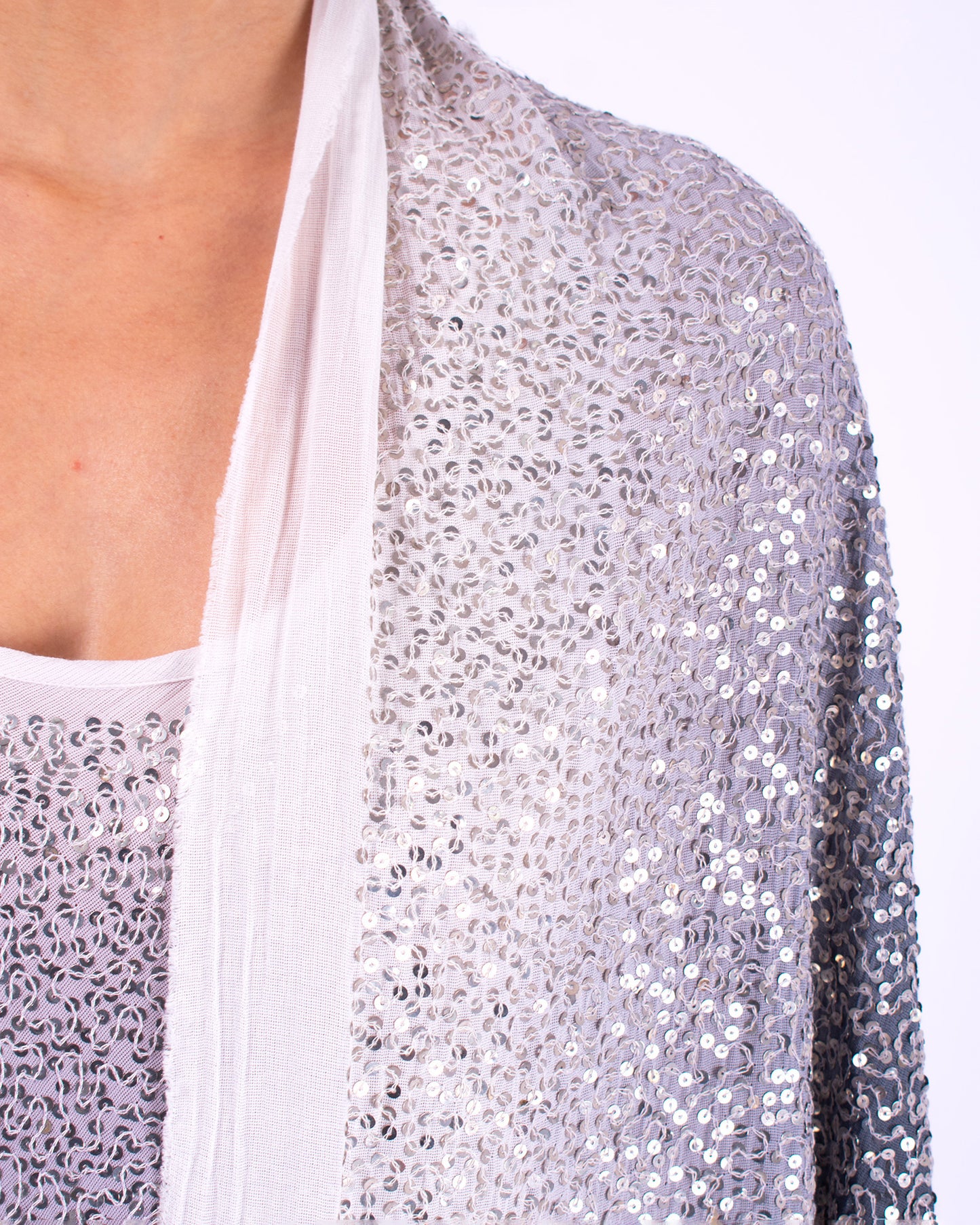 #1296 Triangle shawl in cotton mesh and metal sequins