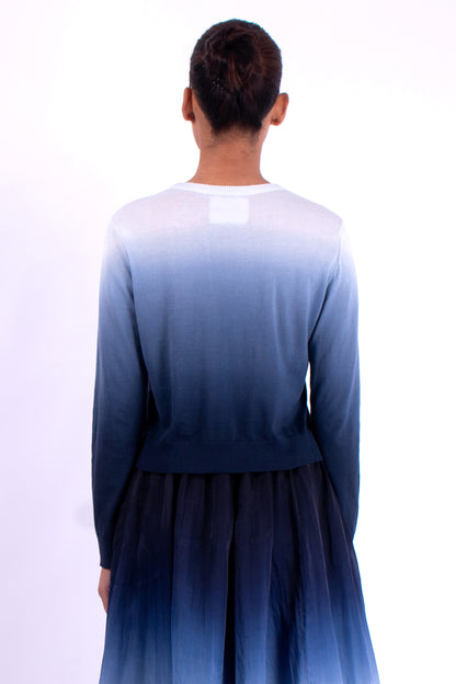 #1350 Cropped Crewneck Sweater In Organic Cotton- Blue Carlo Ombre — Lars Andersson, view 3