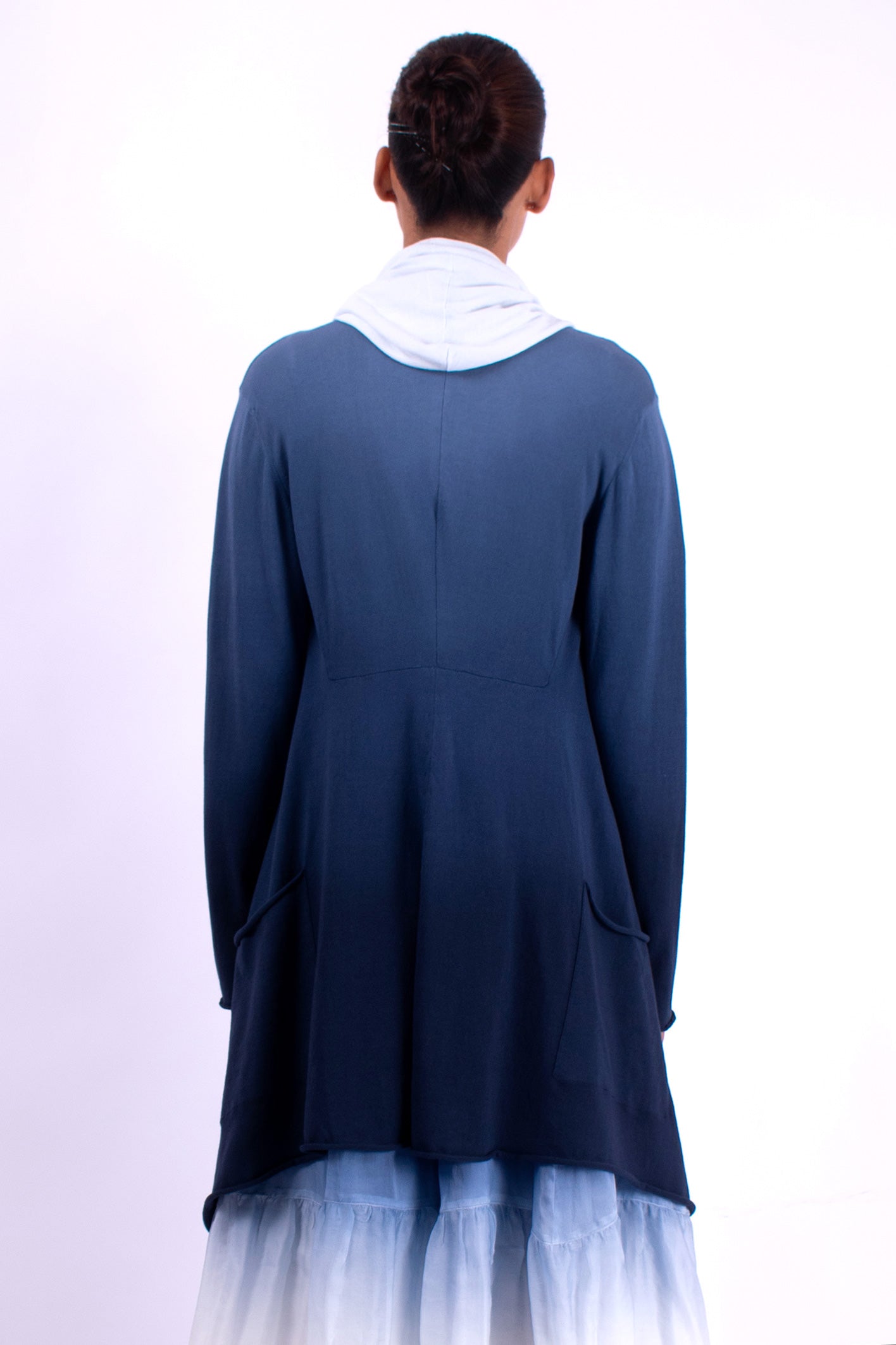 #1354 Draped Hooded Wrap Jacket In Organic Cotton- Blue Carlo Ombre — Lars Andersson, view 3