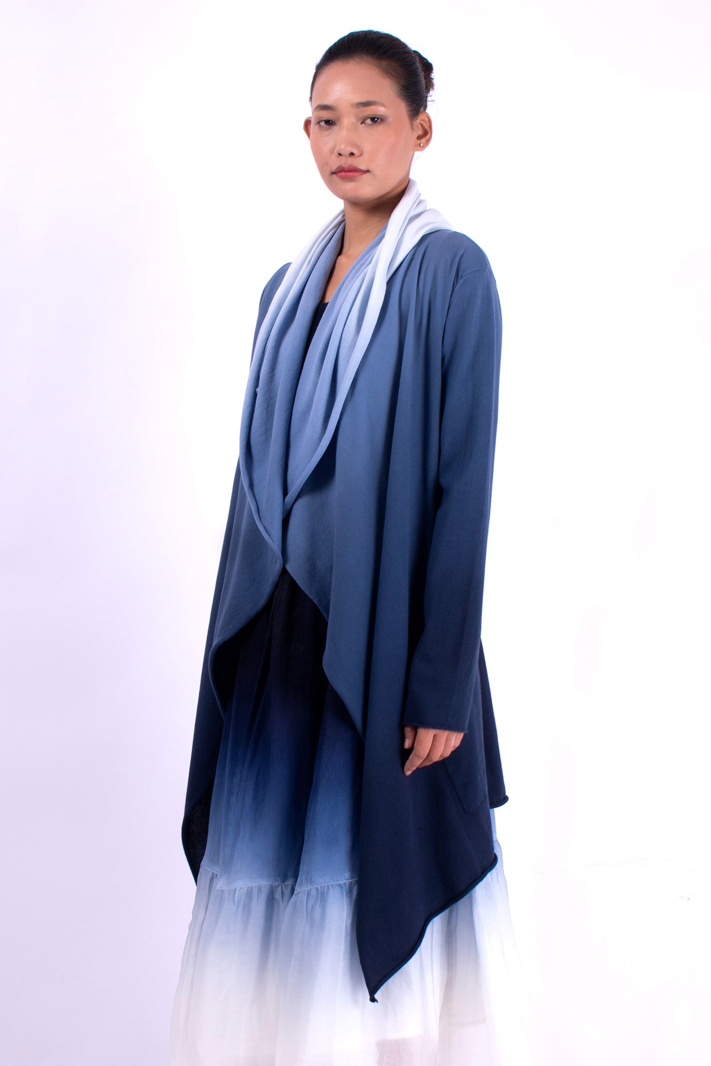 #1354 Draped Hooded Wrap Jacket In Organic Cotton- Blue Carlo Ombre — Lars Andersson, view 2