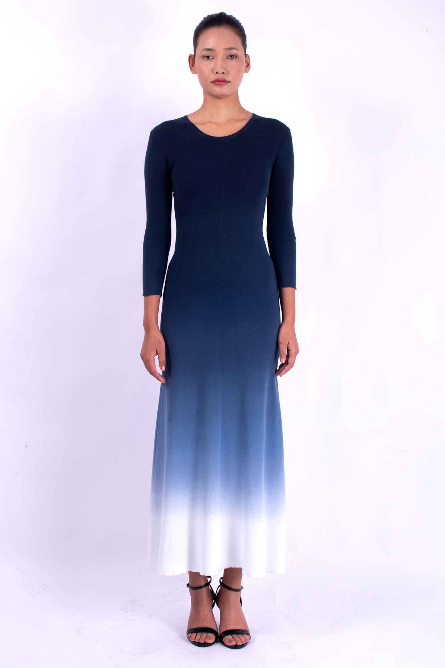 #1359 3/4 Sleeve Crewneck Dress 1x1 Rib In Organic Cotton- Blue Carlo Ombre — Lars Andersson hand-loomed knitwear
