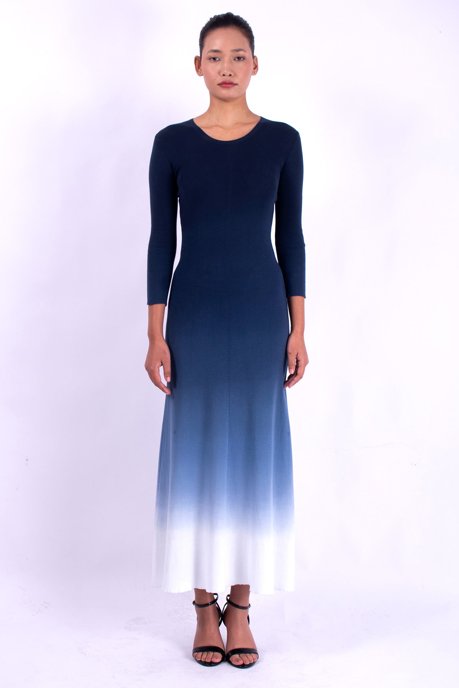 #1359 3/4 Sleeve Crewneck Dress 1x1 Rib In Organic Cotton- Blue Carlo Ombre — Lars Andersson hand-loomed knitwear