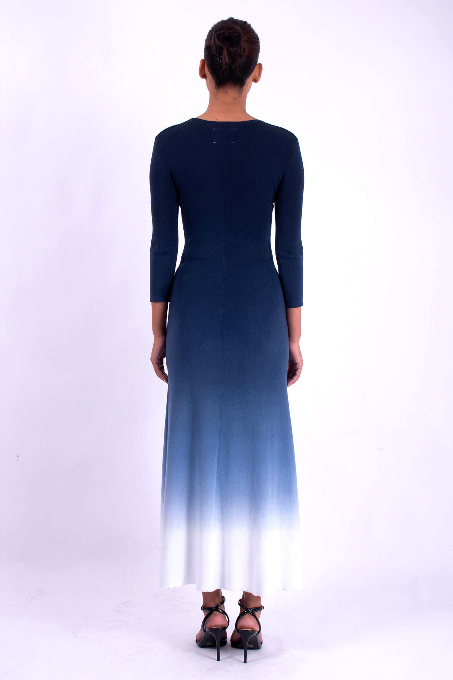 #1359 3/4 Sleeve Crewneck Dress 1x1 Rib In Organic Cotton- Blue Carlo Ombre — Lars Andersson, view 3