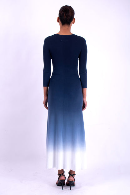 #1359 3/4 Sleeve Crewneck Dress 1x1 Rib In Organic Cotton- Blue Carlo Ombre — Lars Andersson, view 3