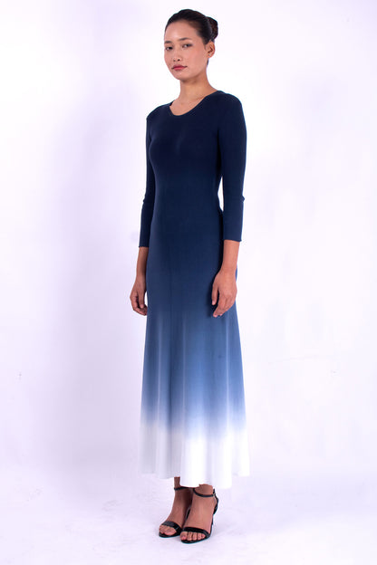 #1359 3/4 Sleeve Crewneck Dress 1x1 Rib In Organic Cotton- Blue Carlo Ombre — Lars Andersson, view 2