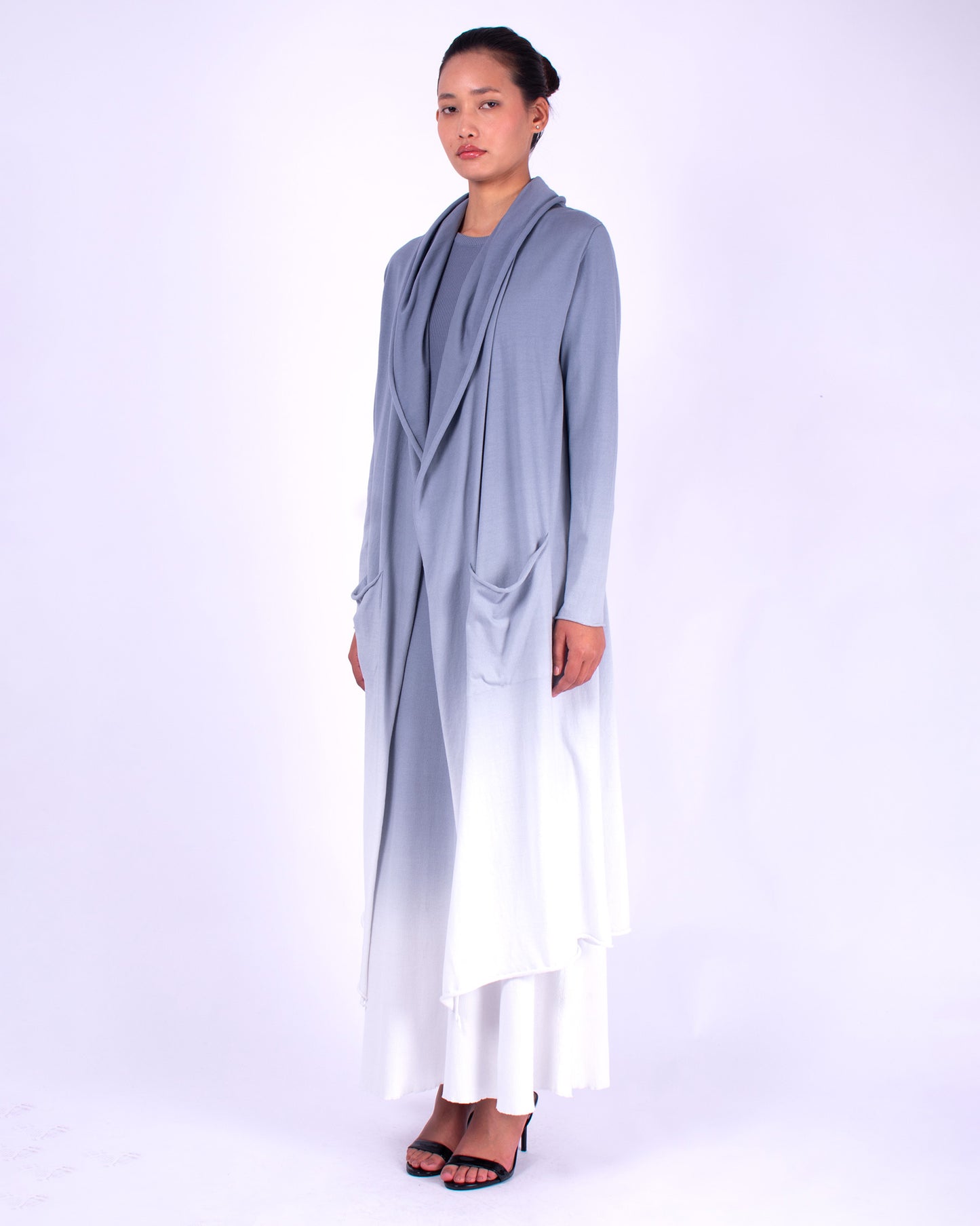 #858 Hooded long cardigan in organic cotton