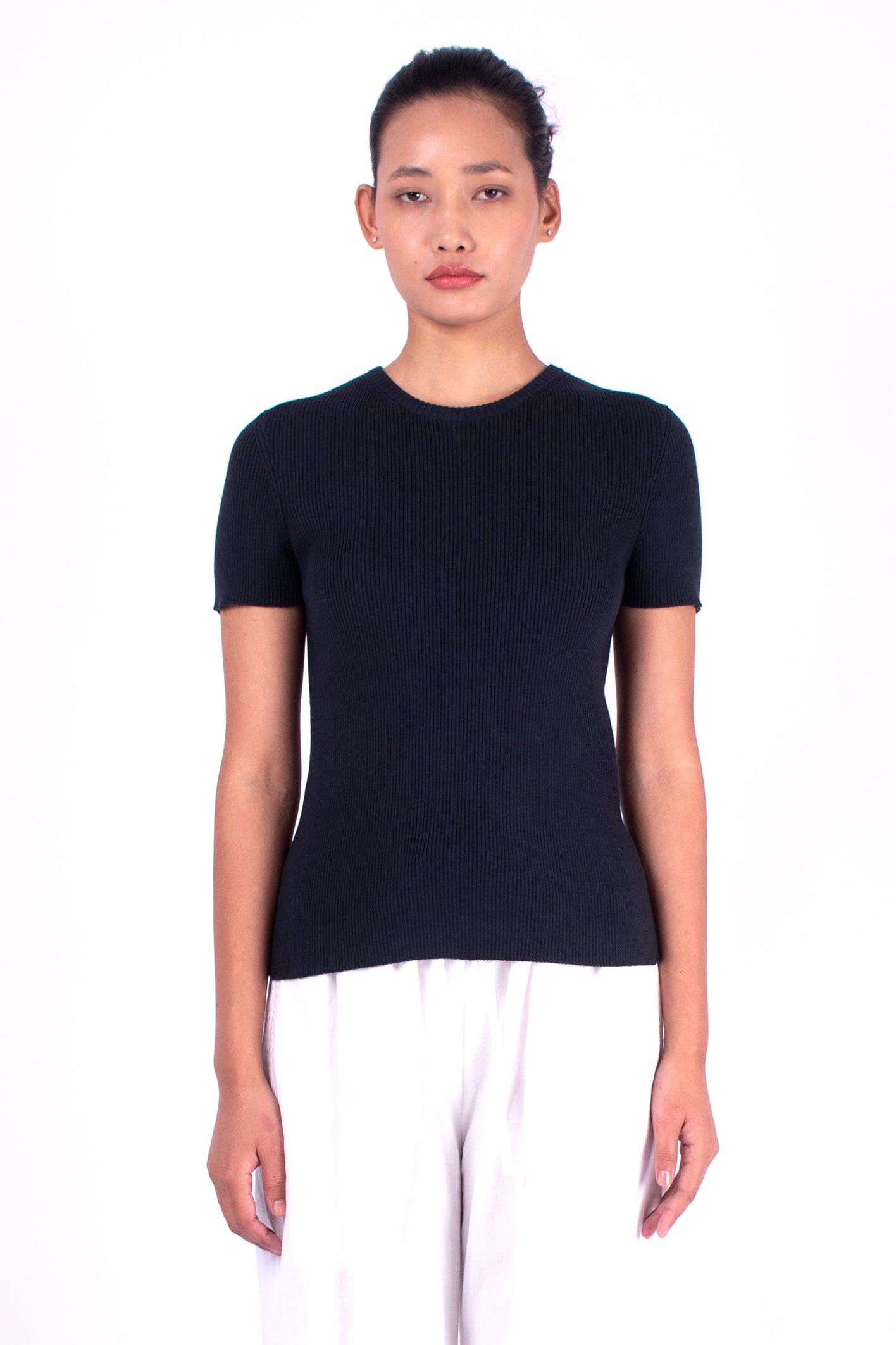#927 Short Sleeve Crewneck Top 2x1 Rib In Organic Cotton- Charcoal — Lars Andersson hand-loomed knitwear