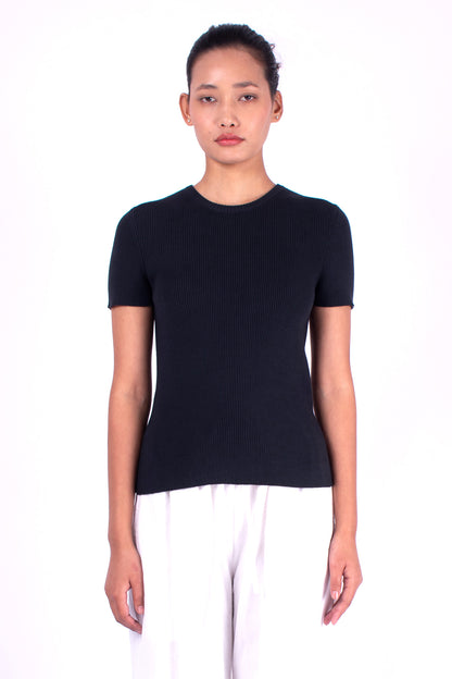 #927 Short Sleeve Crewneck Top 2x1 Rib In Organic Cotton- Charcoal — Lars Andersson hand-loomed knitwear