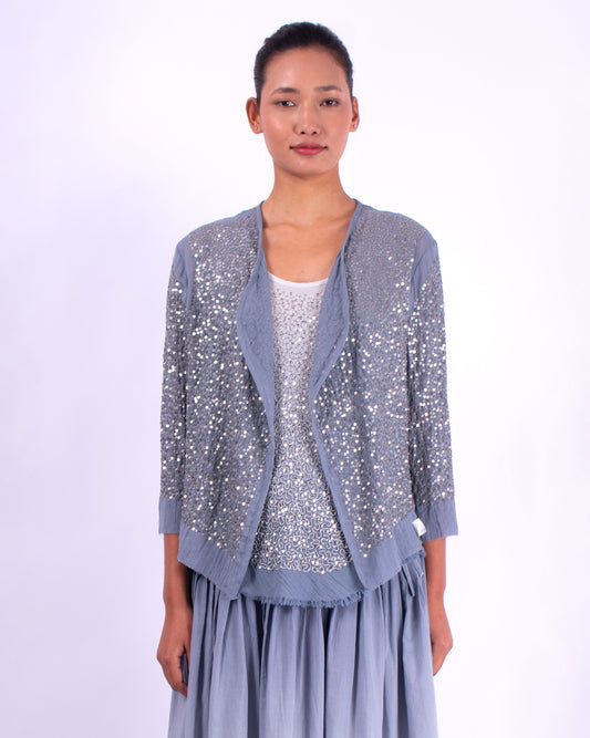 #977 Cropped cardigan in cotton mesh and metal sequins