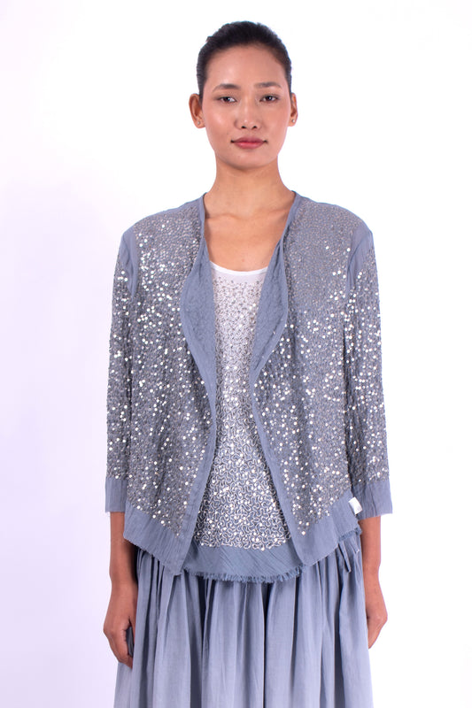 #977 Cropped cardigan in cotton mesh and metal sequins