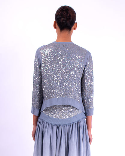 #977 Cropped cardigan in cotton mesh and metal sequins
