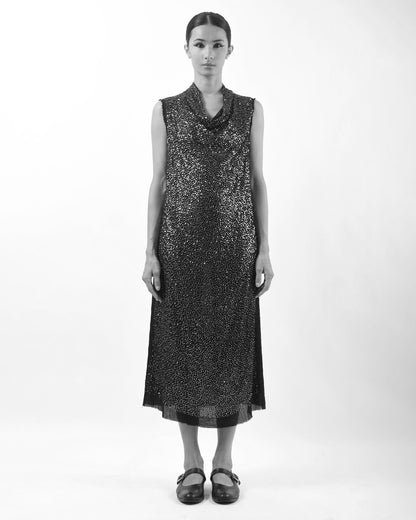 #975 Metal sequin cowlneck dress black/silver