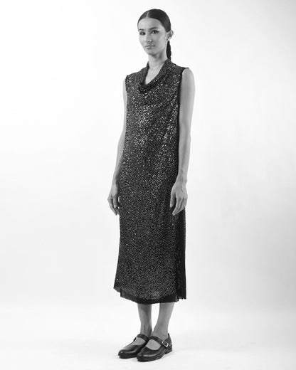#975 Metal sequin cowlneck dress black/silver